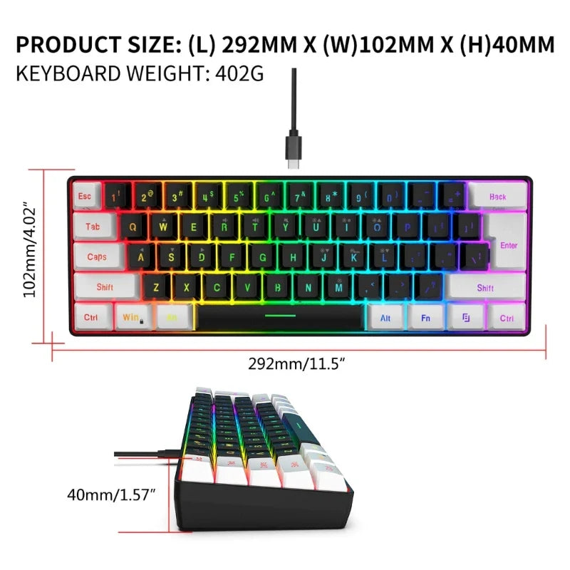 Ultra-Compact Wired Game Keyboard RGB Backlit Keyboard Floating Keycaps 61 Keys