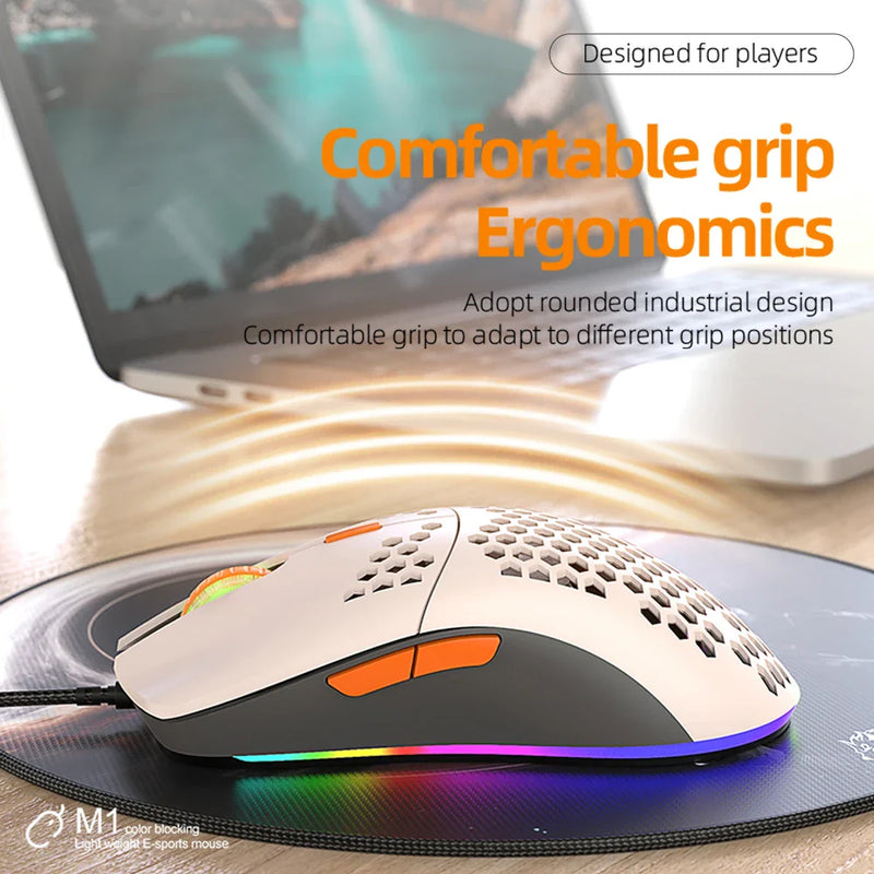 M1 Wired Lightweight Multicolor Gaming Mouse 69g Ultralight Honeycomb Shell RGB Backlit 6400 DPI Ergonomic for Laptop PC