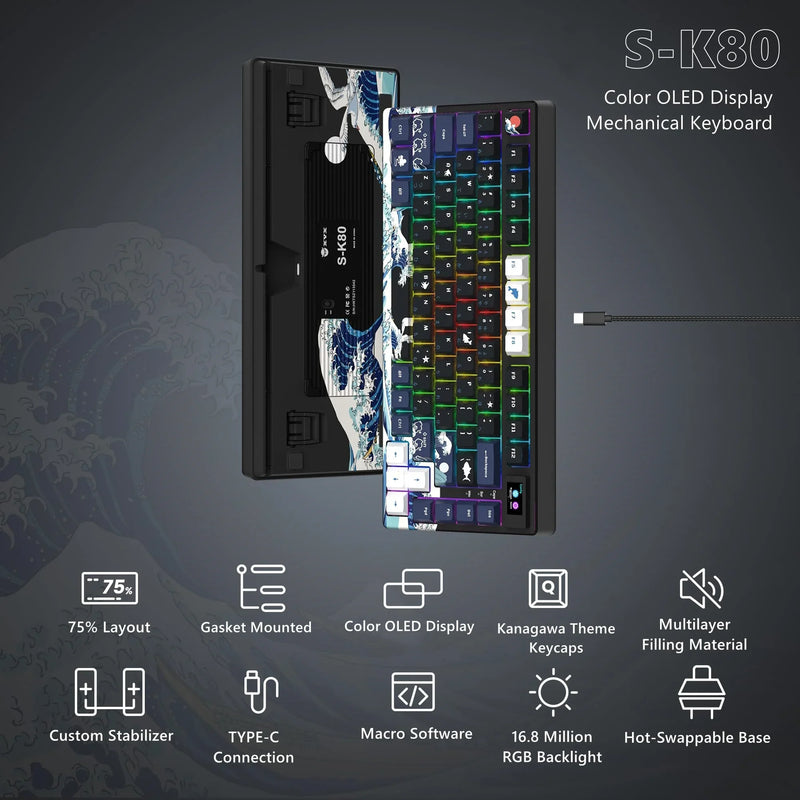 WOMIER Gasket Mount Wired Mechanical Gaming Keyboard With Smart Display S-K80 75% Hot Swappable Keyboard for PC Computer Laptop